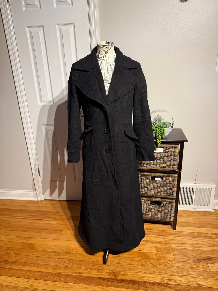 Dkny Wool Cashmere Vintage Pea Black Long Trench Over Coat Wide Lapel Structured